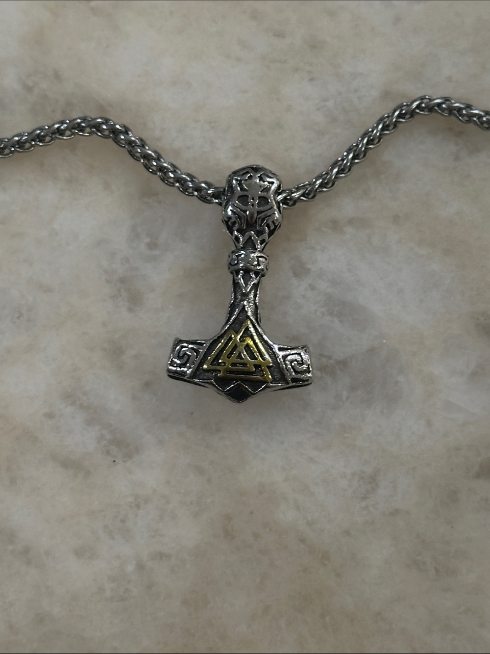 Sterling Tone Viking Mjolnir Hammer Pendant Necklace - Silver with Gold Accent